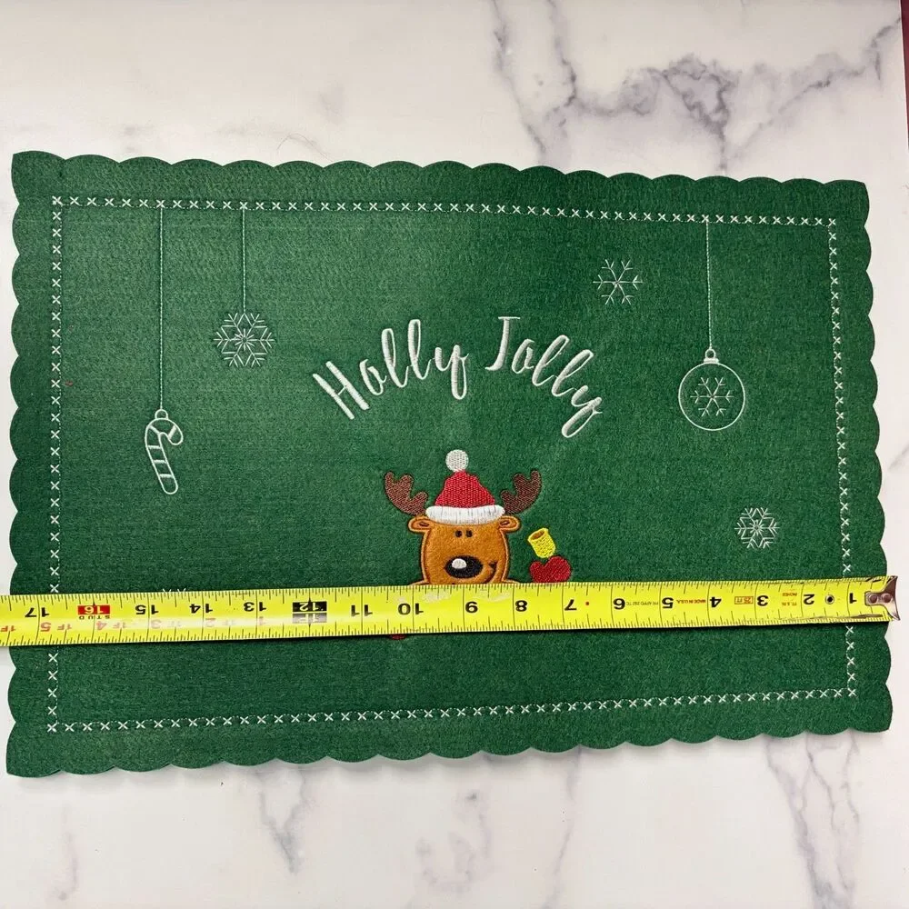 Christmas Holly Jolly Reindeer Placemats Set of 4 Green Felt Embroidered